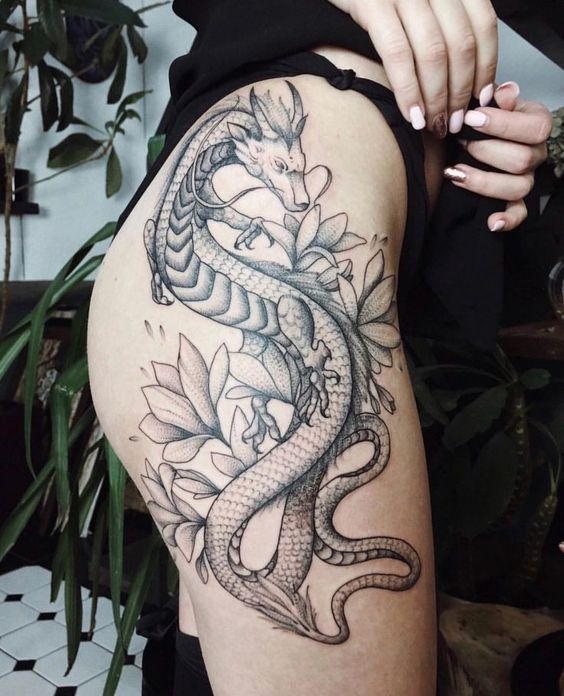 thigh tattoo for women - dragon