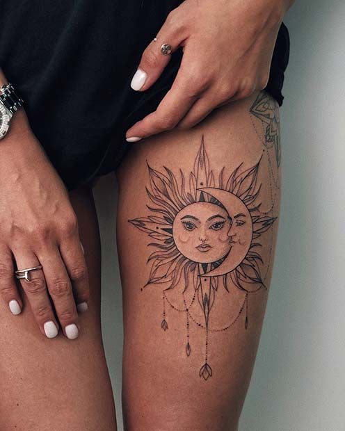 thigh tattoo women - sun and moon