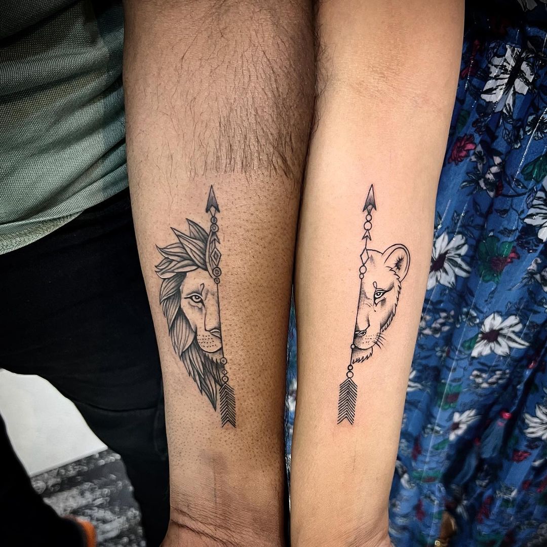 Lew lion tattoo  Lion head tattoos Lion and lioness tattoo Matching  couple tattoos